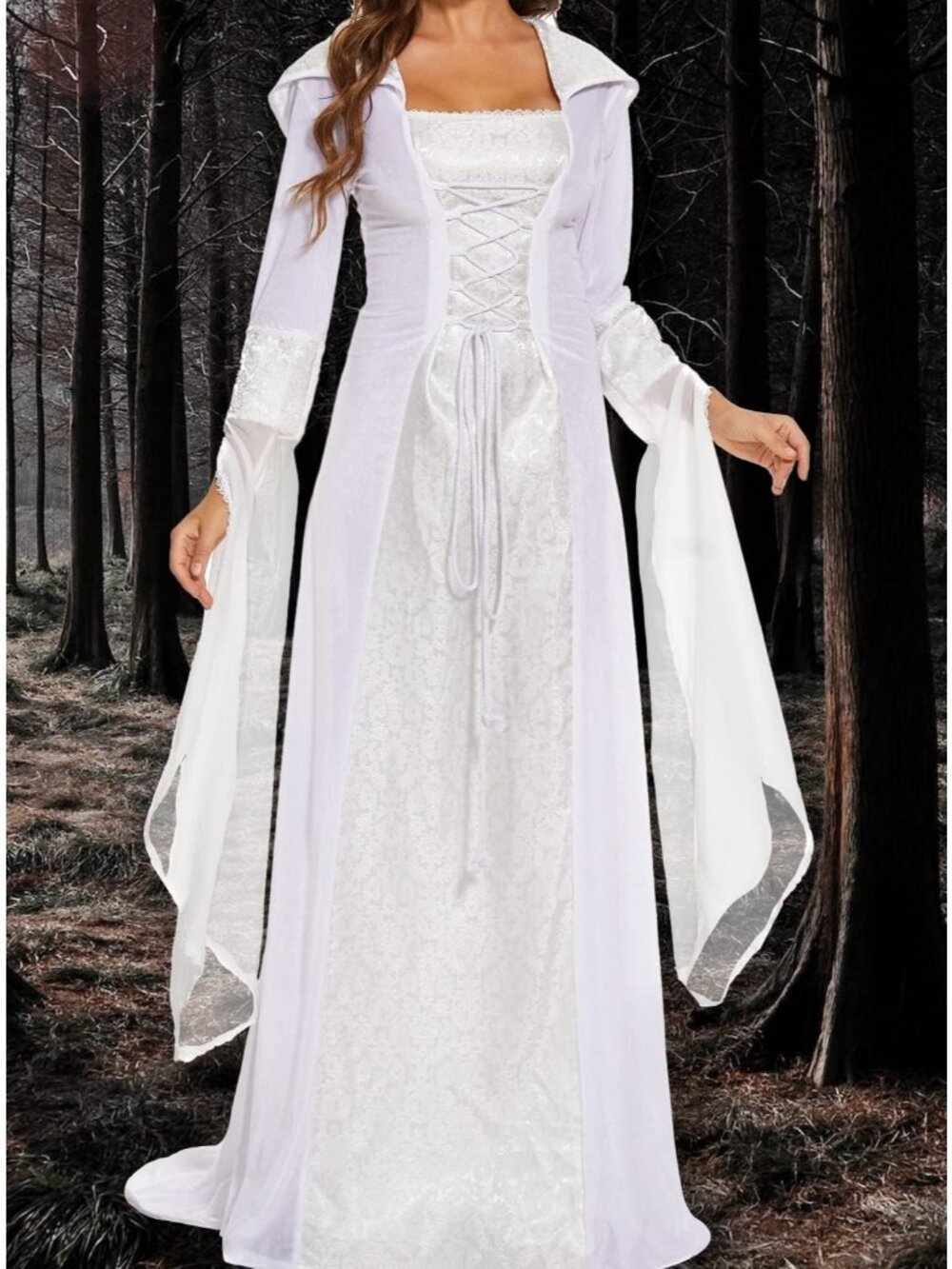 Women's White Vintage Embroidered Gown Halloween Medieval Deluxe Witch Hooded - Picture 3 of 7